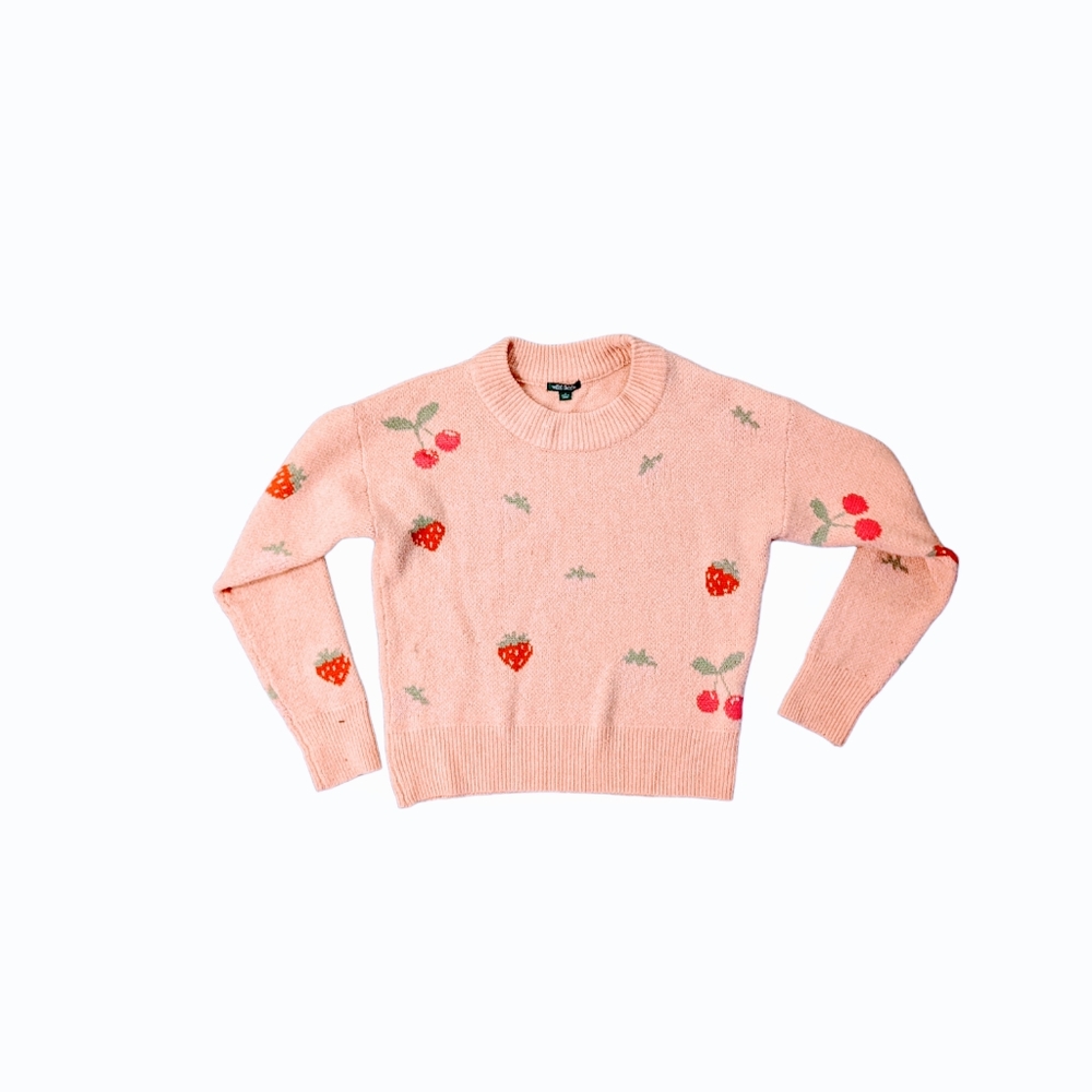 ❌SOLD❌ Strawberry Print Pink Sweater Cozy Soft Designer Style Pullover SZ Small